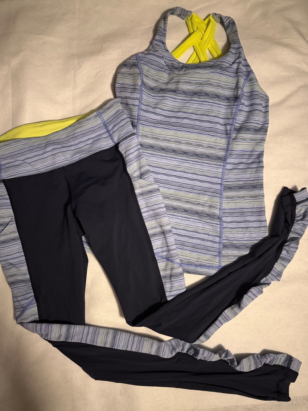 lululemon athletica Blue Striped Tank with dark navy Leggings and Yellow Accents